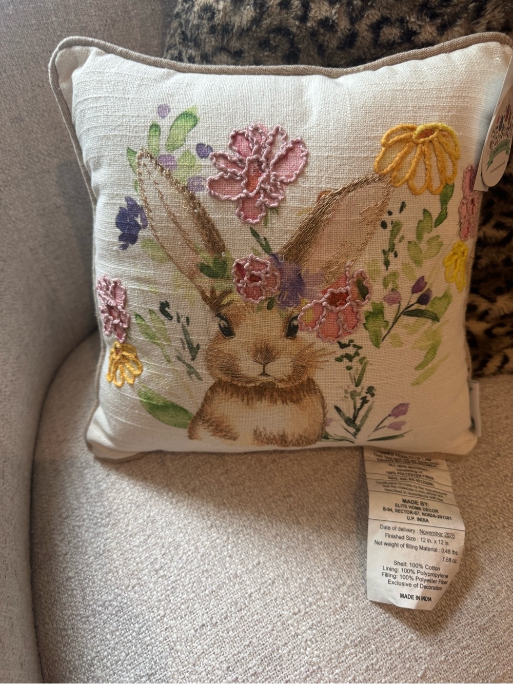 Floral Bunny Embroidered Accent Pillow - Cream